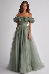 Dusty Sage Schulterfreies Rüschen A Linie Abendkleid